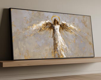Abstract Guardian Angel Canvas Art, Gold White Angel Wall Art, Christian Religious Home Decor, Modern Spiritual Artwork, Faith Inspired Gift
