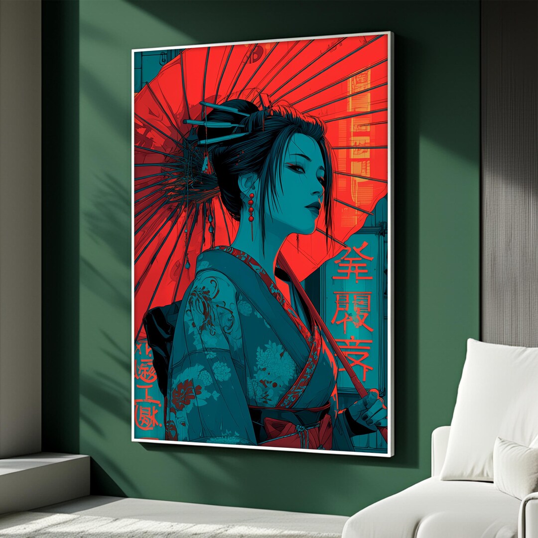 Japanese Geisha Canvas Painting, Red and Blue Kimono Wall Art, Modern ...