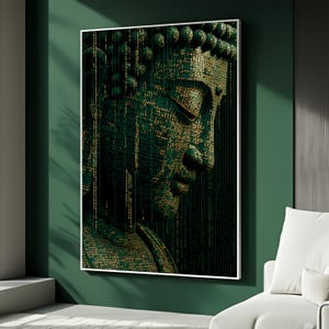 Puede incluir: Impresión artística enmarcada que representa una estatua de Buda. La obra de arte utiliza tonos verdes y dorados, con la imagen compuesta por código digital. El rostro sereno del Buda está de perfil, sobre un fondo oscuro.