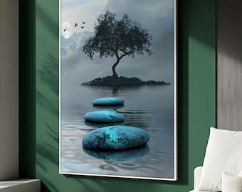 May include: A framed landscape art print featuring a serene scene. A lone tree stands on a small island in calm water, with three stepping stones leading towards it. The sky is cloudy with a moon and birds.