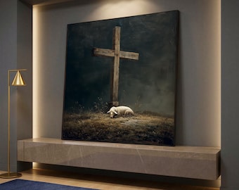 May include: A large framed artwork depicts a weathered wooden cross against a dark, moody background. A lamb rests at the base of the cross, creating a scene of solemnity. The artwork is displayed on a stone shelf, with a gold floor lamp in the foreground.