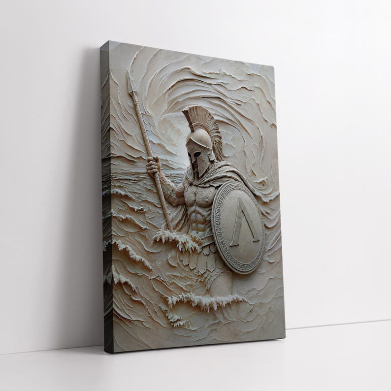 May include: A rectangular canvas wall art piece featuring a textured, monochromatic relief sculpture of a Spartan warrior. The figure wears a crested helmet, holds a long spear, and carries a round shield with a Greek lambda symbol, amidst waves.