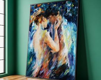 Romantic Lovers Canvas Print, Colorful Abstract Couple Wall Art, Passionate Embrace Artwork for Bedroom Decor, Perfect Gift for Couples