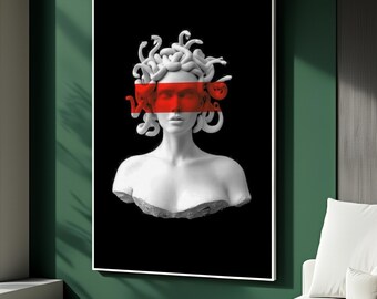 Medusa Bust Canvas Wall Art, Modern Greek Sculpture Painting, Red Black Minimalist Decor, Contemporary Mythology Artwork, Unique Gift