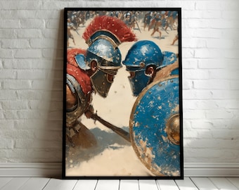 Gladiator Canvas Painting, Ancient Warrior Wall Art with Helmets and Shields, Epic Roman Battle Scene Artwork, Bold Art Decor, Art Gift
