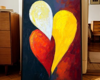 Peinture abstraite sur toile coeur, oeuvre d'art murale amour moderne avec coeurs rouges jaunes blancs, décoration d'intérieur contemporaine romantique, cadeau parfait