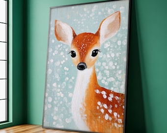 Cute Fawn Art Print, Whimsical Deer Canvas Painting, Soft Pastel Woodland Wall Decor, Sweet Nursery Animal Artwork, Ready to Hang Art Gift