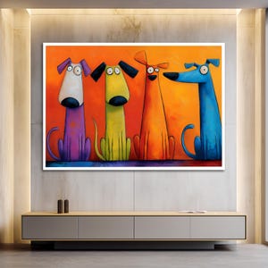 May include: A vibrant painting of four cartoon dogs in a row. Each dog is a different colour: purple, yellow, orange, and blue, with large eyes and exaggerated features. The background is a bright orange.