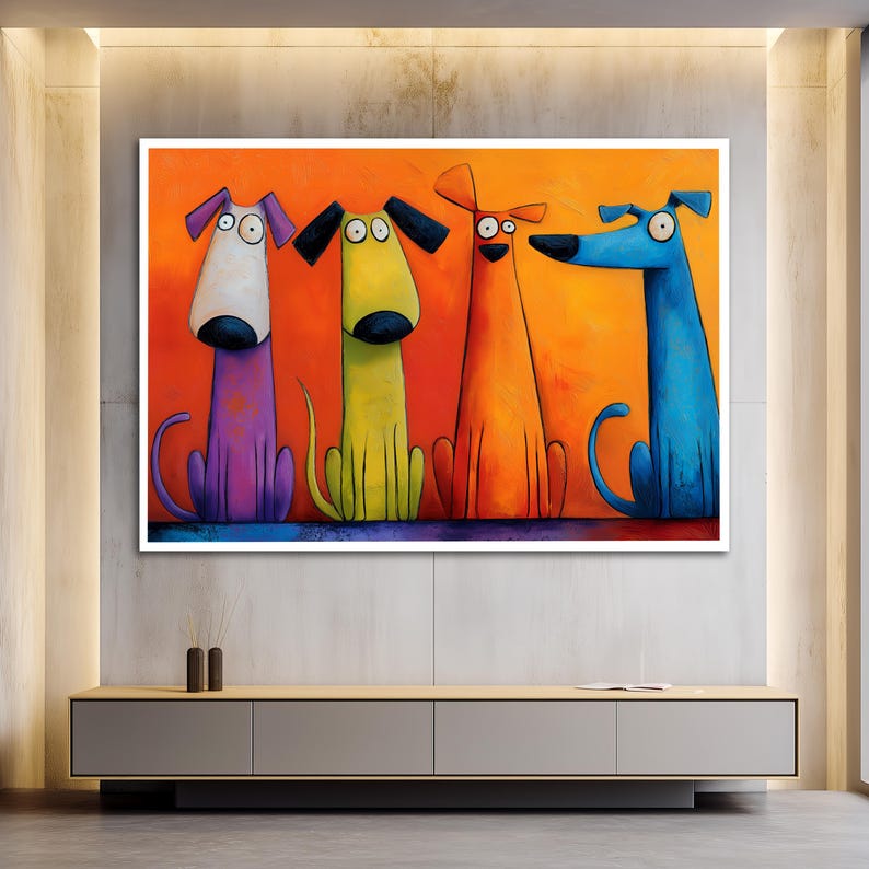 May include: A vibrant painting of four cartoon dogs in a row. Each dog is a different colour: purple, yellow, orange, and blue, with large eyes and exaggerated features. The background is a bright orange.