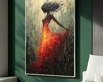 Fiery Woman Canvas Painting, Abstract Red Dress Wall Art, Modern Female Silhouette Home Decor, Elegant Dance Artwork, Perfect Gift