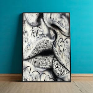 May include: Black and white artwork of lips featuring barcode and QR code patterns. The lips are in a black frame against a teal wall. The artwork has a graffiti-style aesthetic.