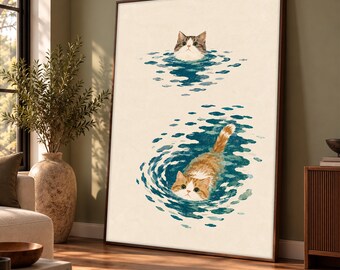 Funny Swimming Cats Painting, Cute Kitten Canvas Print, Whimsical Cat Wall Art, Minimalist Pet Artwork, Blue Pool Decor, Cat Lover Gift Idea