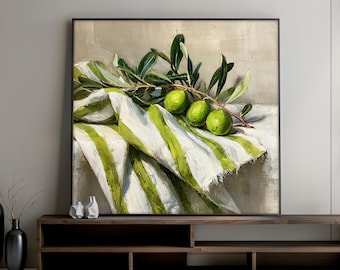 Green Olives Canvas Art, Mediterranean Kitchen Wall Art, Rustic Olive Branch Decor, Ready to Hang, Countryside Food Lover Gift Idea