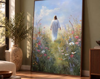 Jesus Walking Through Wildflower Meadow Painting, Christian Canvas Print, Peaceful Garden Wall Art, Faith Based Artwork, Religious Gift Idea