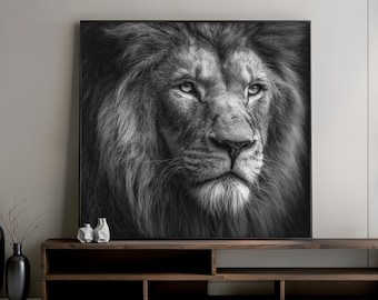 Lion Canvas Painting, Majestic Black and White Lion Wall Art with Dramatic Detail, Powerful Animal Decor, Bold Modern Decor, Art Gift Idea