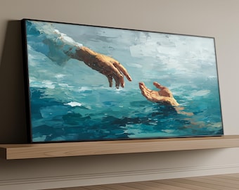 Jesus Reaching Hand in Ocean Canvas Print, Spiritual Wall Art with Helping Hands, Christian Wall Decor, Religious Canvas for Home