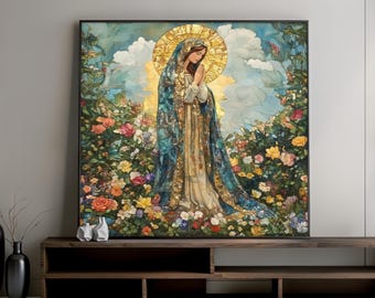 Virgin Mary Canvas Wall Art, Catholic Religious Painting, Madonna Prayer Art, Sacred Heart Style, Spiritual Home Decor, Ready to Hang Gift