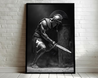 Gladiator Warrior Canvas Painting, Intense Black and White Battle Scene Wall Art, Ancient Roman Fighter Decor, Epic Art Gift