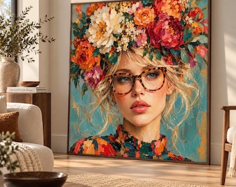 Floral Woman Canvas Painting, Vibrant Flower Crown Wall Art, Blond Girl Glasses Portrait Print, Boho Fashion Artwork, Flower Lover Gift Idea