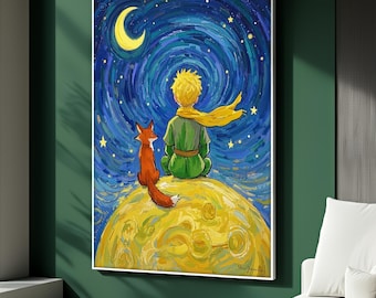 Little Prince and Fox Canvas Painting, Whimsical Starry Night Wall Art, Dreamy Cosmic Scene for Kids Room or Living Space, Perfect Gift
