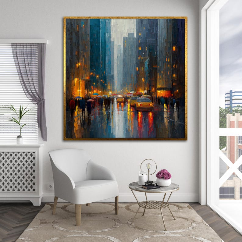 Rainy City Street Canvas Painting, Urban Nightscape Wall Art, Yellow ...