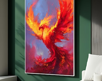 Stylish Phoenix Canvas Art, Fiery Red Golden Bird Wall Art, Mythical Flame Artwork with Bold Colors, Modern Home Decor, Decorative Canvas