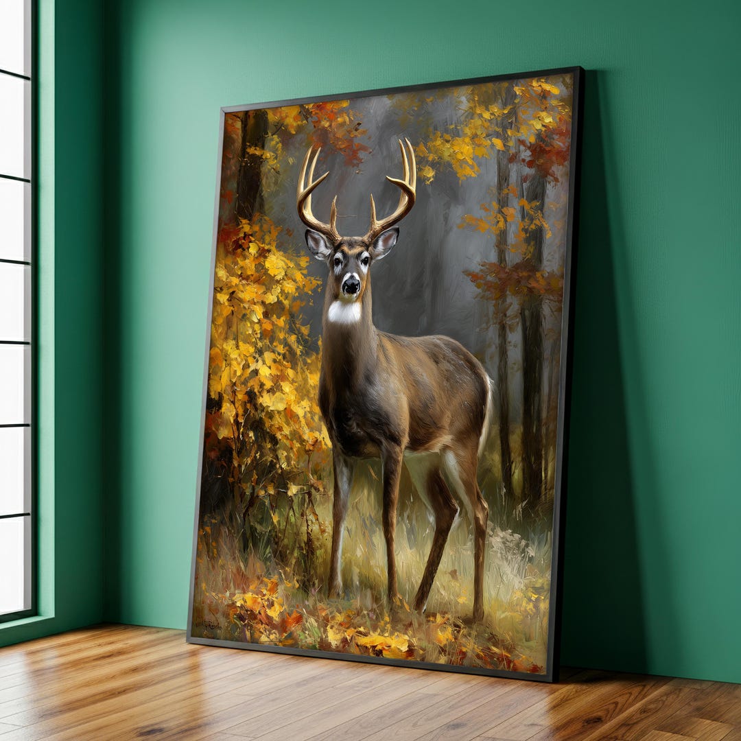 Autumn Forest Deer Art, Rustic Wildlife Canvas Painting, Realistic Buck ...