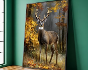 Autumn Forest Deer Art, Rustic Wildlife Canvas Painting, Realistic Buck Wall Decor, Nature Home Decor, Office Wall Print, Ready to Hang Art