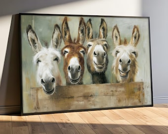 Funny Donkey Canvas Painting, Smiling Farm Animal Wall Art for Rustic Decor, Donkey Poster, Whimsical Animal Lovers Gift Idea
