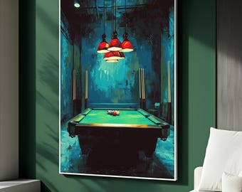 Pode incluir: Uma obra de arte emoldurada que retrata uma cena de sala de bilhar. A imagem apresenta uma mesa de bilhar verde com um conjunto de bolas, iluminada por lâmpadas penduradas vermelhas. As paredes são pintadas em tons de azul e verde-azulado, criando uma atmosfera sombria.