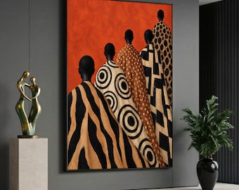May include: A large rectangular wall painting featuring five figures viewed from behind, draped in patterned cloaks with black, tan, and orange hues, set against a vibrant orange background. The figures are arranged in a diagonal line.