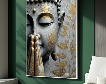 May include: A framed canvas print of a serene Buddha statue with closed eyes and hands in prayer. The artwork features a gray and gold color palette, with gold leaf accents and a textured appearance. The image is mounted on a green wall.