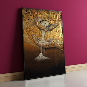 May include: Framed art print featuring a surrealist depiction of time. The artwork showcases a clock melting into a stream, held by hands against a gold and brown patterned background. The print is encased in a black frame.