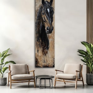 May include: A vertical painting of a horse's head and upper body. The horse has a dark brown coat with a white blaze on its forehead. The background is a textured, neutral tone, creating a rustic aesthetic. The artwork is displayed in a modern interior setting.