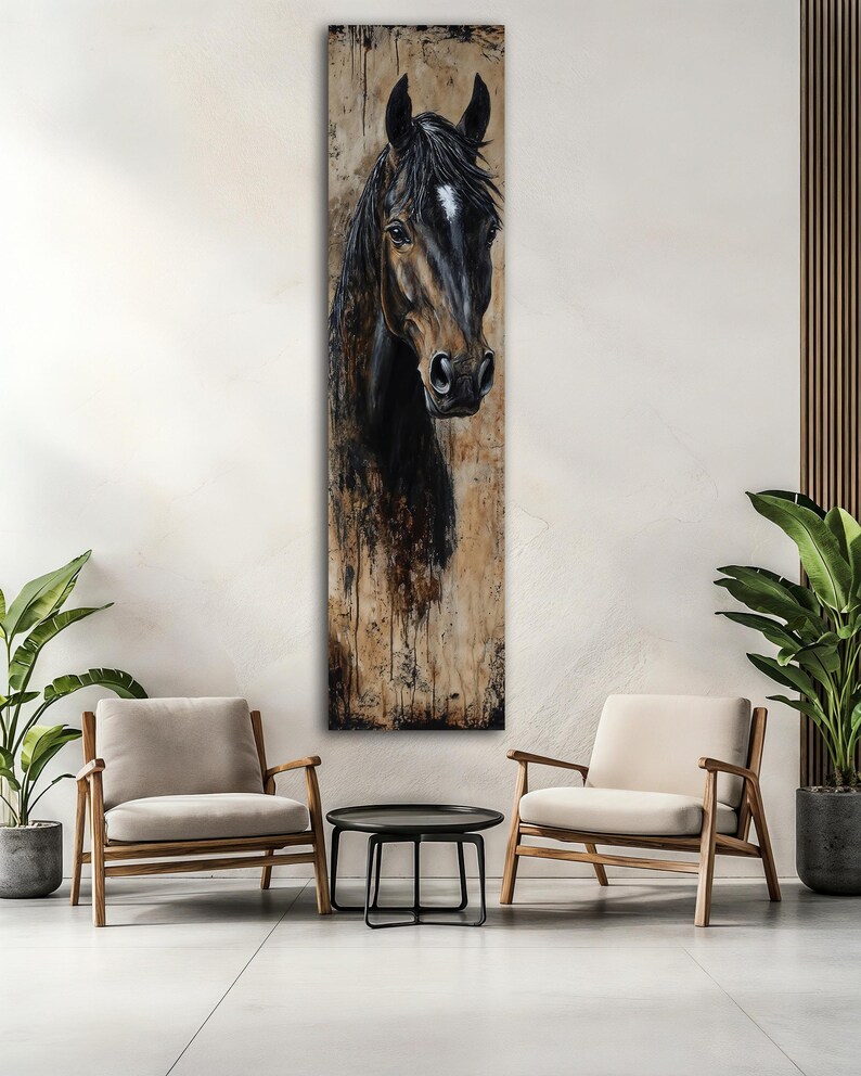 May include: A vertical painting of a horse's head and upper body. The horse has a dark brown coat with a white blaze on its forehead. The background is a textured, neutral tone, creating a rustic aesthetic. The artwork is displayed in a modern interior setting.