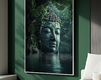 May include: A framed artwork depicts a serene Buddha statue emerging from water, surrounded by lush greenery. The Buddha's face is detailed with closed eyes, and the artwork is set against a dark, verdant backdrop, creating a tranquil atmosphere.