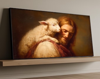 Jesus the Good Shepherd Canvas Painting, Christian Wall Art with Lamb, Faith Inspired Religious Home Decor, Spiritual Art Gift for Believers