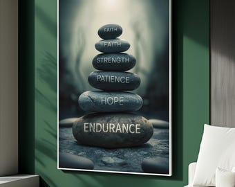 May include: A framed print featuring a stack of balanced stones. Each stone has a word printed on it: Faith, Strength, Patience, Hope, and Endurance. The background is a blurred, natural scene with a soft, neutral color palette.