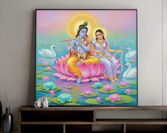 Radha Krishna Canvas Painting on Lotus Flower, Spiritual Hindu Wall Art with Pastel Colors, Indian Deity Home Decor, Divine Gift