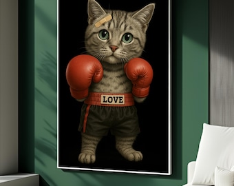May include: A framed print featuring a cartoon cat wearing red boxing gloves and black shorts with the word "LOVE" on the waistband. The cat has a bandage on its head and is set against a black background.