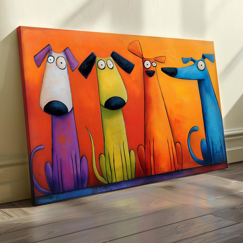 May include: A vibrant canvas print showcasing four cartoon-style dogs in a row. The dogs are painted in bright colours: purple, yellow, orange, and blue, against an orange backdrop. The artwork has a playful, whimsical aesthetic.