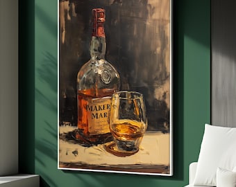 Canvastavla med whiskyflaskor, lyxig bardekor för män, realistisk alkoholmålning, modern loungecanvas, whiskyväggkonst, unik present