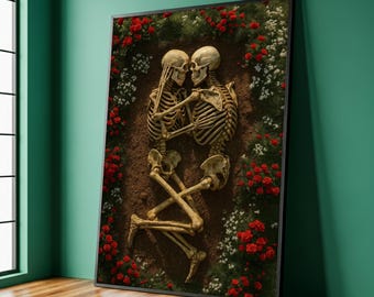 Dipinto su tela con scheletro d'amore eterno, arte murale gotica romantica con rose, opera d'arte di coppia oscura, decorazione d'amore unica, regalo per San Valentino
