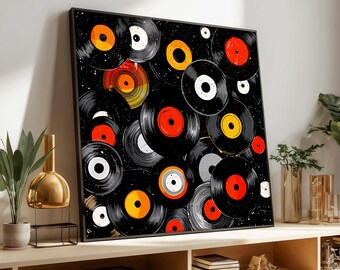 Retro Vinyl Records Canvas Painting, Colorful Record Wall Art on Black Background, Vintage Music Decor for DJ Room, Modern Art Gift