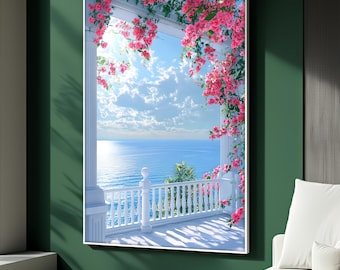 Küsten Balkon Leinwand Kunst, Meeresblick mit rosa Blumen, Mittelmeer Landschaft Dekor, Landschaft Wand Kunst, Sommer Haus Geschenk