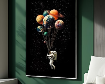 Astronaut ruimte kunst aan de muur, planeten ballon canvas schilderij, decor kosmisch sterrenstelsel, futuristische astronaut print, surrealistische poster, coole ruimte cadeau