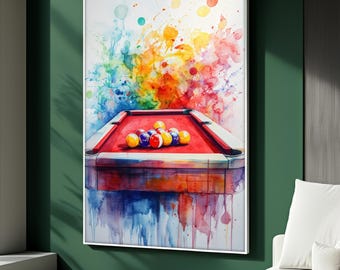 Colorful Billiard Canvas Painting, Abstract Pool Table Wall Art With Splashes, Vibrant Game Room Decor, Modern Sports Artwork, Perfect Gift