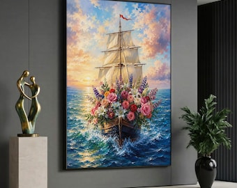 May include: A large rectangular wall art print depicting a sailing ship on a blue ocean at sunset. The ship's hull is overflowing with a vibrant arrangement of red, pink, white, and purple flowers. The sky is filled with soft orange and blue clouds.