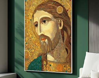 Golden Jesus Portrait Canvas Wall Art in Klimt Style, Sacred Religious Canvas Painting, Christian Home Decor, Spiritual Art Gift