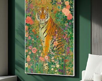 Dipinto su tela raffigurante una tigre maestosa in un giardino floreale, decorazione murale con animali della giungla, poster raffigurante una tigre, decorazione naturale vibrante, regalo artistico con animali selvatici
